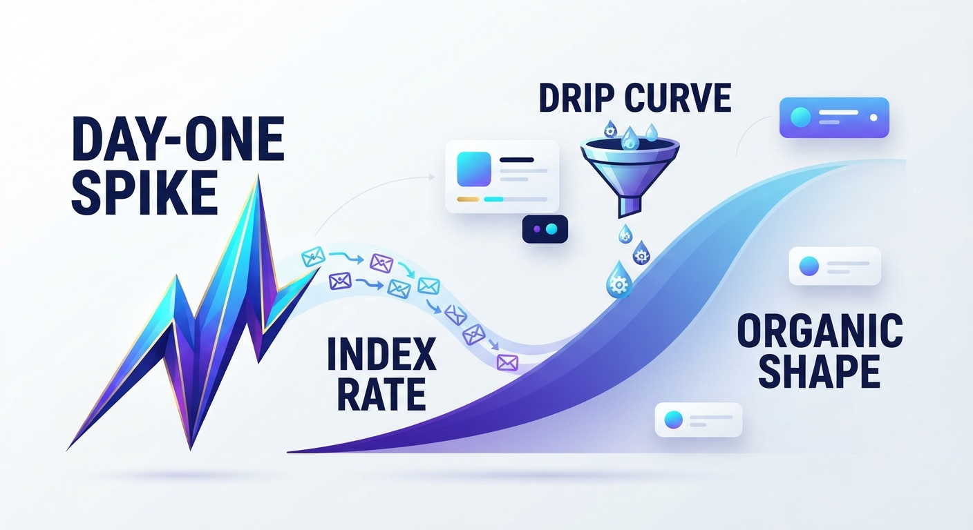 Drip-feed link indexing: backlinks submitted in small daily batches over several weeks instead of one day